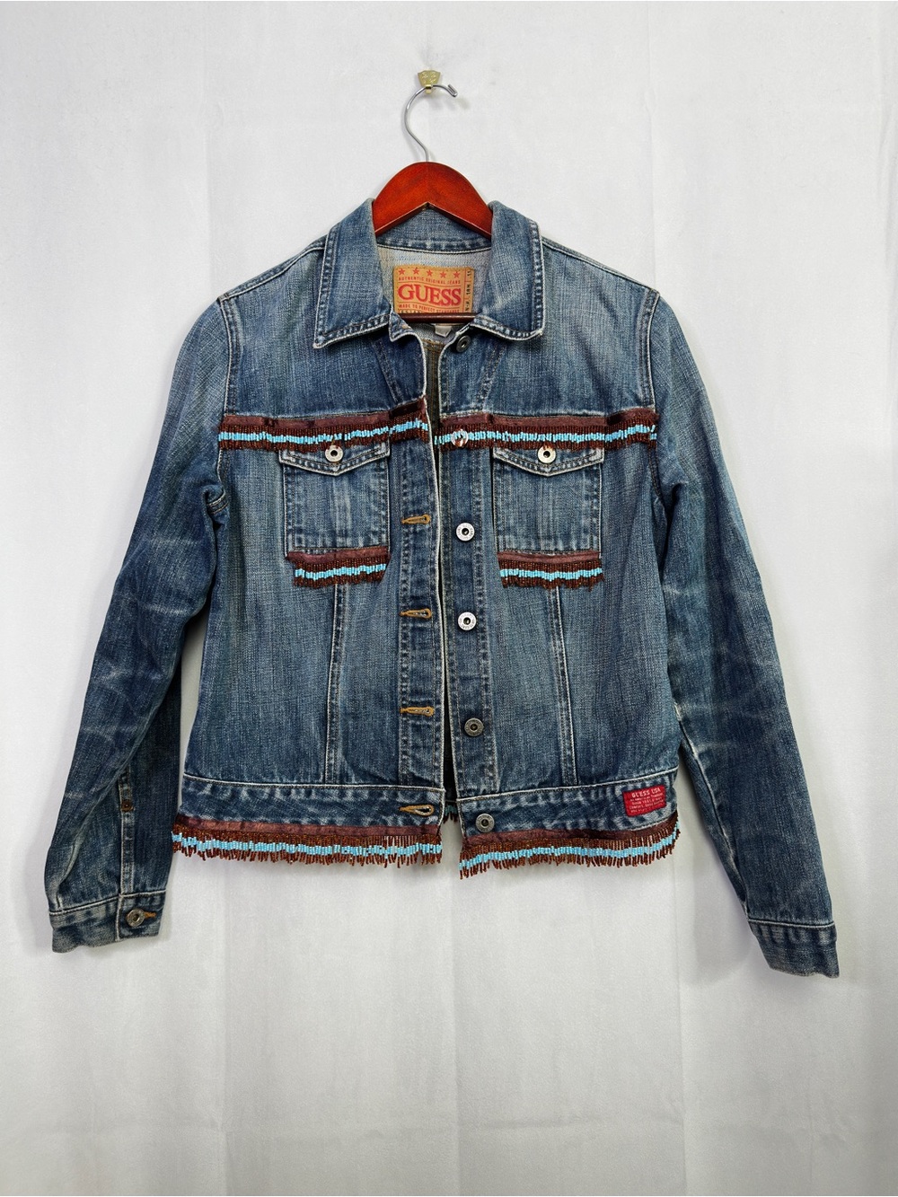 Guess Denim Jacket Fringe Beaded Vintage Western Vintage Handmade XL Womens
